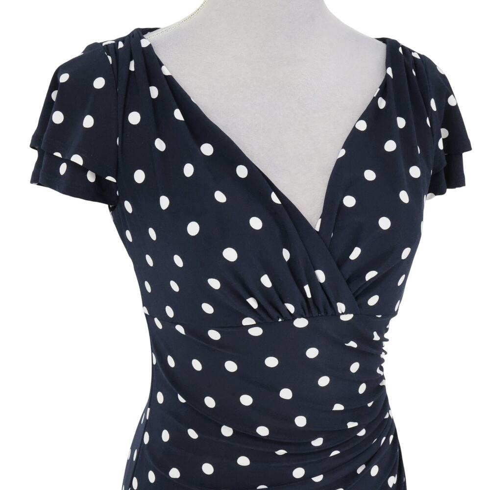 LRL Ralph Lauren Dress Womens 4 Navy Blue White Polka Dot Stretch Knit Faux Wrap - Picture 6 of 15